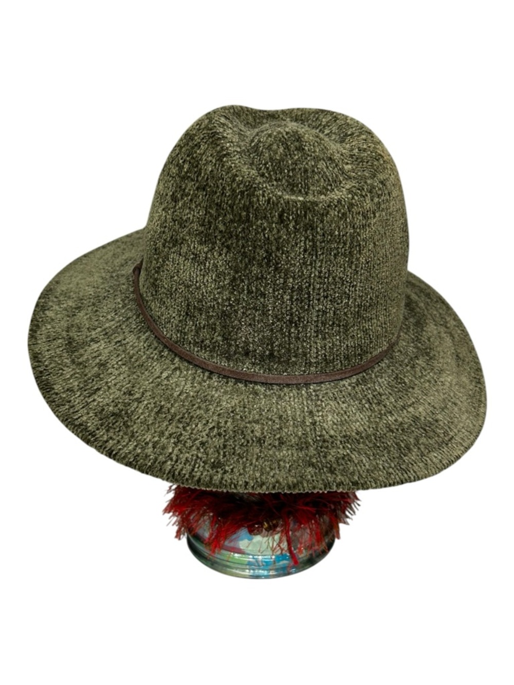 Olive Green Wide Brim Hat Chenille Textured Fedora One Size Boho Western - Picture 5 of 13